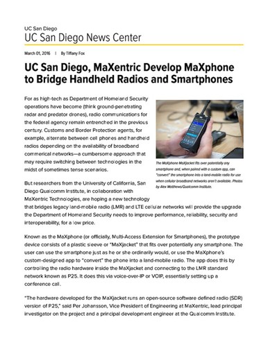 UC San Diego, MaXentric Develop MaXphone to Bridge Handheld Radios and Smartphones