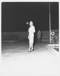 Chonne Patton models a dress in the Aqua Varieties fashion show at the Swim Center, Santa Rosa, California, 1959