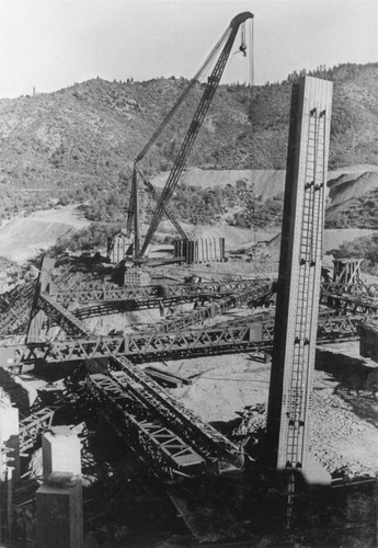 Construction of cableway head tower for Shasta Dam construction