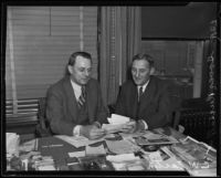 Grover Russell and C.W. Eastin meet over real estate commission business, Los Angeles, 1935