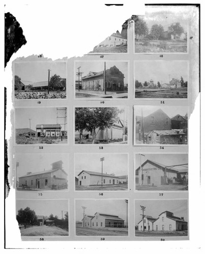 This is a multi-image negative that depicts southern California substation buildings, stables, and a steam plant. Undamaged images included on the plate are copies of original negatives: 02 - 00048; 02