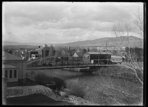 Truckee River, old Truckee Bridge and buildings of Reno, Nevada