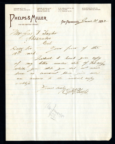 Letter to Jas T. Taylor from Phelps & Miller, 1892-06-21