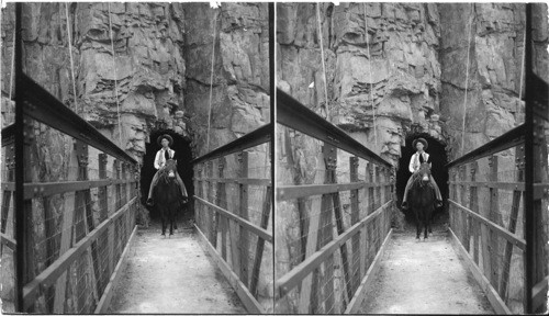 The south approach [] to the Kaibab Suspension Bridge is through a tunnel cut in the solid granite wall of the lower gorge. Grand Canyon, Arizona