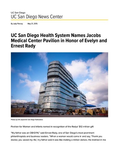 UC San Diego Health System Names Jacobs Medical Center Pavilion in Honor of Evelyn and Ernest Rady