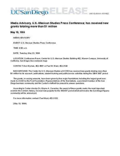 Media Advisory, U.S.-Mexican Studies Press Conference; has received new grants totaling more than $1 million