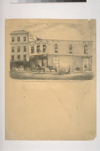 Rosenbaum's Store & Rail-Road House, Clay St. S.F. as they appeared after the Earthquake, Oct. 21st 1868