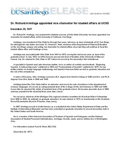 Dr. Richard Armitage appointed vice chancellor for student affairs at UCSD