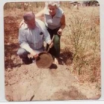 Photographs of landscape of Bolinas Bay. "V. Aubrey Neasham and Irene Neasham with wrought iron frying pan (colonial?) excavated at suggested Drake fort site, July 22, 1978, west shore of Bolinas Lagoon, Marin County, Calif. Pan in situ was 2'3" below surface of ground." V.A.N. 8-14-78