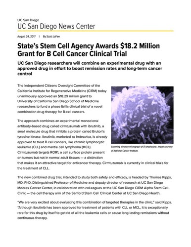 State’s Stem Cell Agency Awards $18.2 Million Grant for B Cell Cancer Clinical Trial