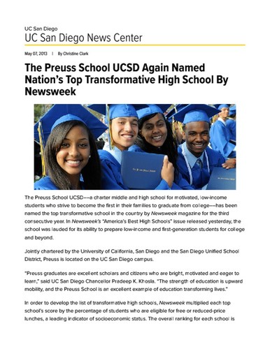 The Preuss School UCSD Again Named Nation’s Top Transformative High School By Newsweek
