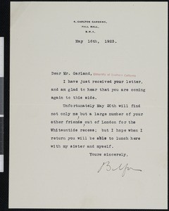 Arthur James Balfour, letter, 1923-05-16, to Hamlin Garland