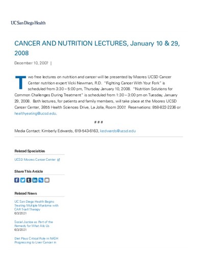 CANCER AND NUTRITION LECTURES, January 10 & 29, 2008