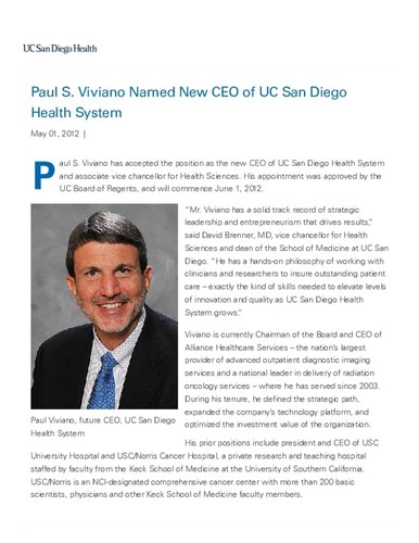 Paul S. Viviano Named New CEO of UC San Diego Health System