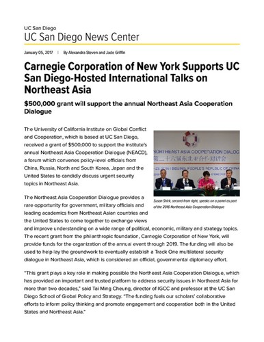 Carnegie Corporation of New York Supports UC San Diego-Hosted International Talks on Northeast Asia