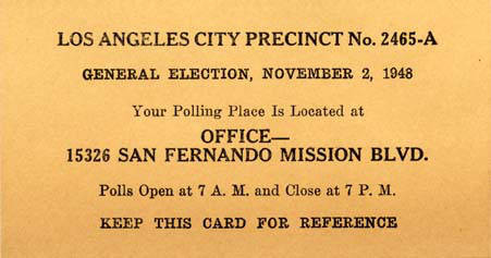 Los Angeles City Precinct No. 2454-A polling card