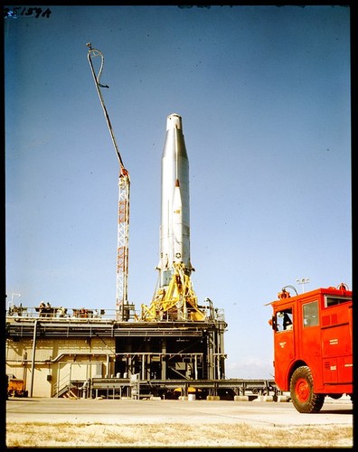 Atlas 11B, on Pad-------AMR LC-11; Atlas 11B; CCMTA,Convair,WS107A-1,Pad, View of Atlas missile 11B on launcher, pad 11, photo by: McNeary ; Master (Dupe) Pos. ; texdt, film: PL-59-11458