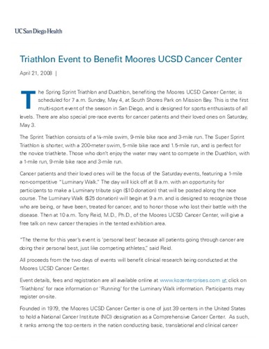 Triathlon Event to Benefit Moores UCSD Cancer Center