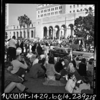 Crowd watching anti-war demonstration on the steps of Los Angeles City Hall, 1968