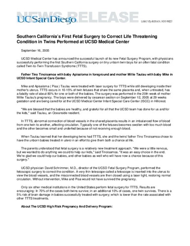 Southern California’s First Fetal Surgery to Correct Life Threatening Condition in Twins Performed at UCSD Medical Center
