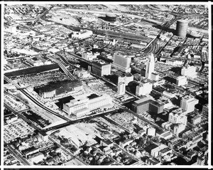 Low-altitude aerial view of Los Angeles, looking northeast over the Civic Center, 1959