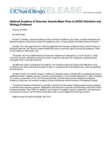 National Academy of Sciences Awards Major Prize to UCSD Chemistry and Biology Professor