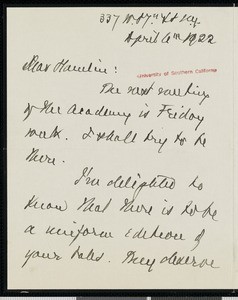 Brander Matthews, letter, 1922-04-06, to Hamlin Garland