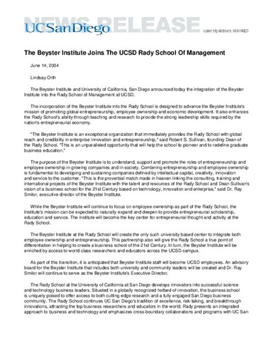 The Beyster Institute Joins The UCSD Rady School Of Management