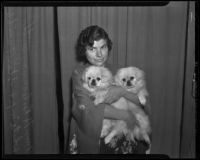 Mrs. H. B. Conaway and her dogs White Imp and Stars Twinkle both born of the same litter, Montebello, 1936