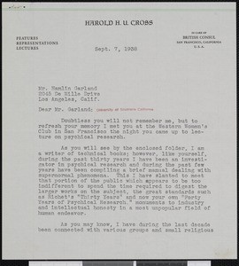 Harold H.U. Cross, letter, 1938-09-07, to Hamlin Garland
