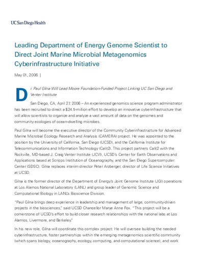 Leading Department of Energy Genome Scientist to Direct Joint Marine Microbial Metagenomics Cyberinfrastructure Initiative