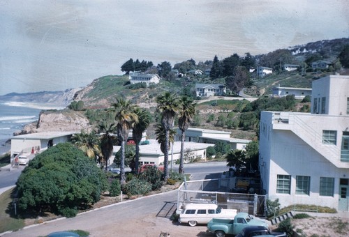 Looking north from the roof of Ritter Hall to the cottages on the campus of Scripps Institution of Oceanography. April 1957