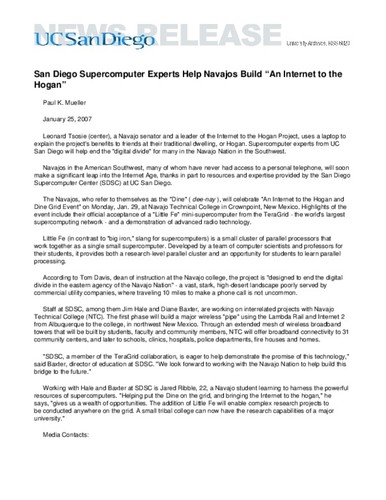 San Diego Supercomputer Experts Help Navajos Build “An Internet to the Hogan”