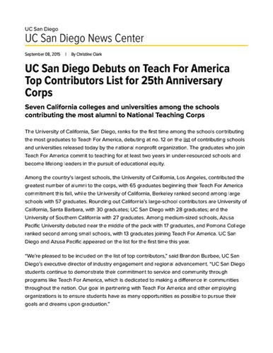 UC San Diego Debuts on Teach For America Top Contributors List for 25th Anniversary Corps