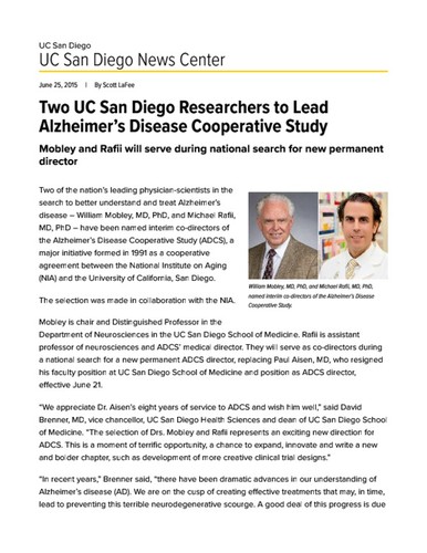 Two UC San Diego Researchers to Lead Alzheimer’s Disease Cooperative Study