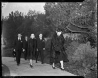 Film stars Clark Gable, Norma Shearer, Carole Lombard, and producer Louis B. Mayer walking to Jean Harlow's funeral service, Los Angeles, 1937