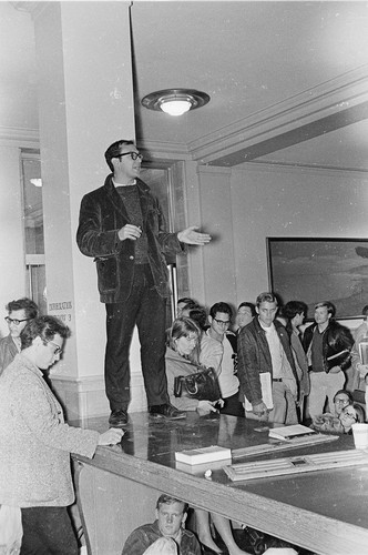 Speaker inside Sproul Hall during sit-in Dec. 2, 1964