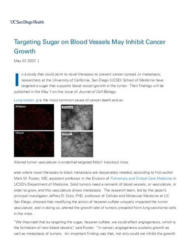 Targeting Sugar on Blood Vessels May Inhibit Cancer Growth | News from UC San Diego