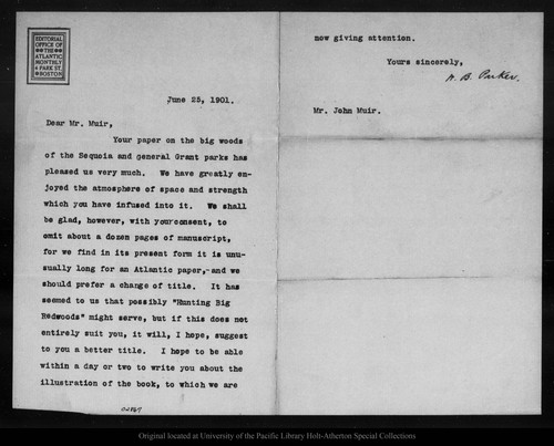 Letter from W[illiam] B[elmost] Parker to John Muir, 1901 Jun 25