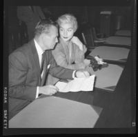 Barbara Payton (with Attorney Milton Golden) in court, arraigned on bad check charges, Los Angeles, 1955