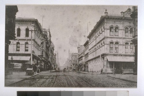 Sutter St. west from Kearny St., ca. 1865. Trinity Episcopal Church (with pointed spires), right. First Congregational Church, left. The White House (owned by J.W. Davidson), right corner