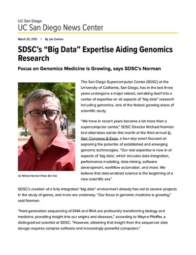 SDSC’s “Big Data” Expertise Aiding Genomics Research
