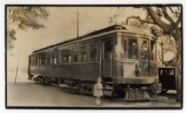 Alice Smothers in front of trolley car