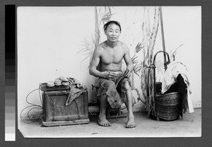 Shoemaker with supplies, Sichuan, China, ca.1900-1920