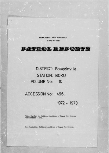 Patrol Reports. Bougainville District, Boku, 1972 - 1973