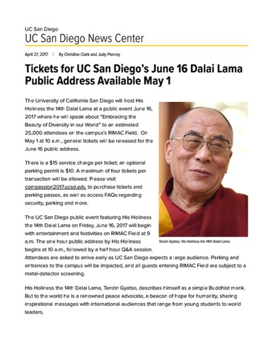 Tickets for UC San Diego’s June 16 Dalai Lama Public Address Available May 1