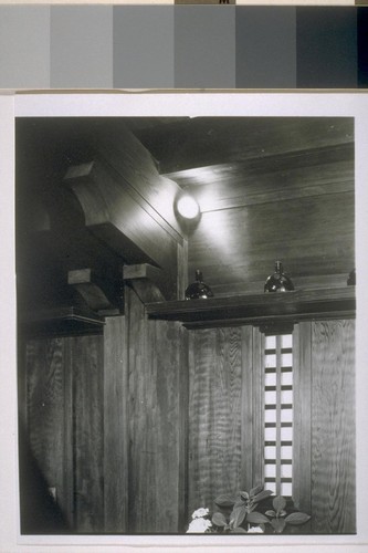 Tufts house, San Anselmo: [interior, detail of beams and wall shelves]