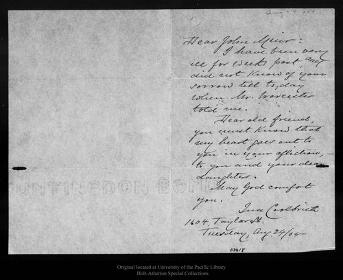 Letter from Ina Coolbrith to John Muir, 1905 Aug 24