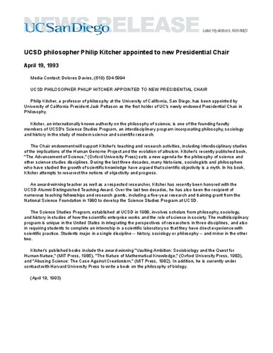 UCSD philosopher Philip Kitcher appointed to new Presidential Chair