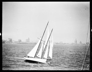 Sailboat with multiple sails on the ocean in Long Beach